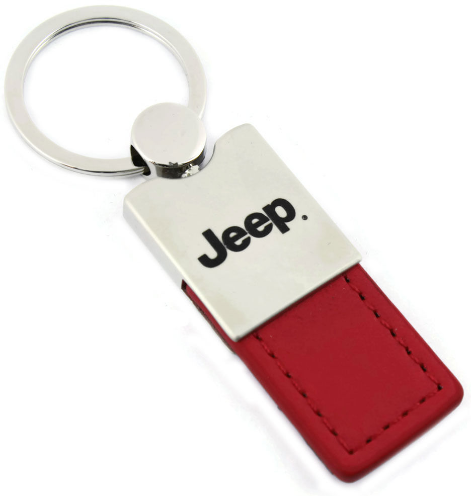 Jeep Red Leather Long Tab Logo Key Ring - Click Image to Close